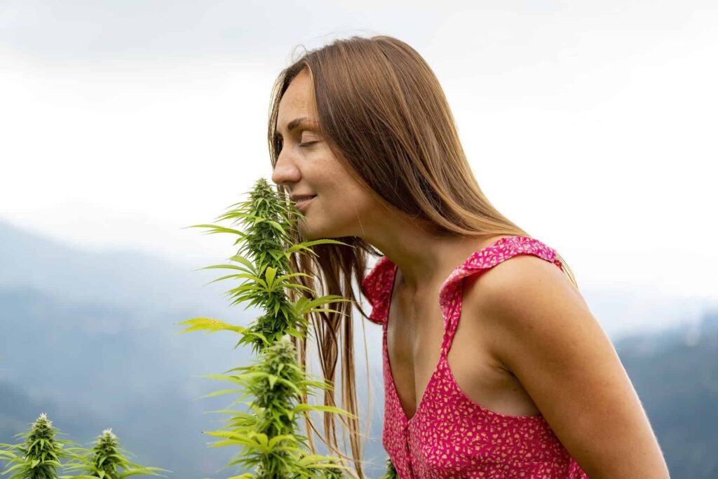 Woman smelling a cannabis plant and smiling